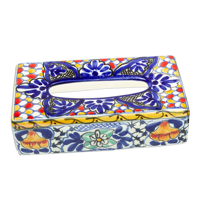 UNICEF Market  Colorful Ceramic Tissue Box Cover - Cobalt Flowers